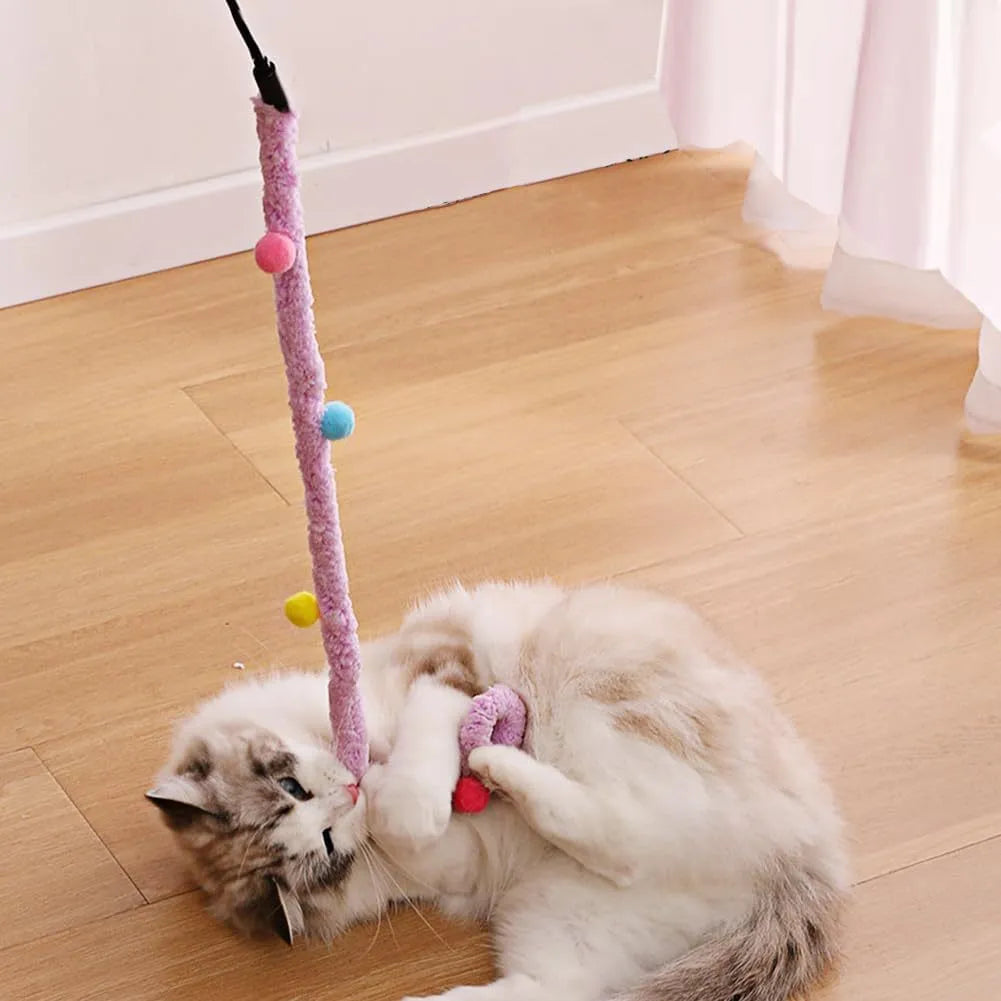 Blue green and pink plush strip cat teaser wand with bell on a 41cm pole
