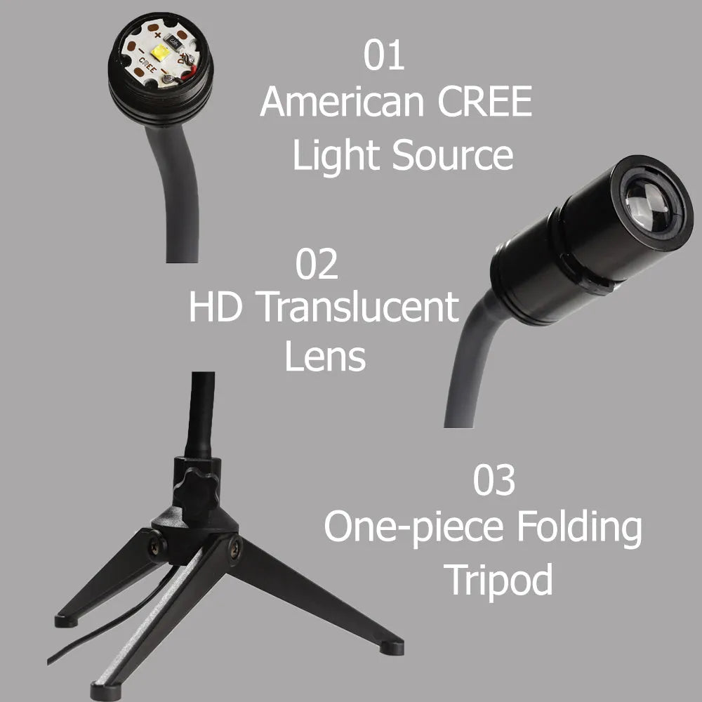 White ABS star projector with flexible hose, showing earth and moon projection chips and USB cable.