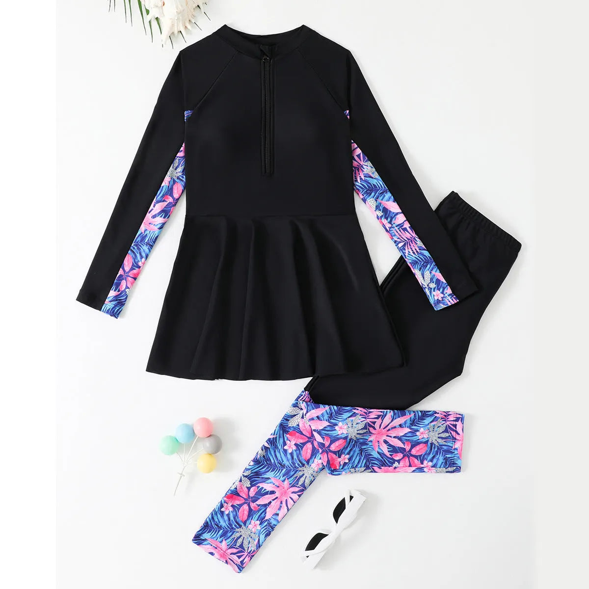 Girls two-piece swimsuit set with long sleeves and trousers in green, nylon and polyester fabric, sizes 120-160