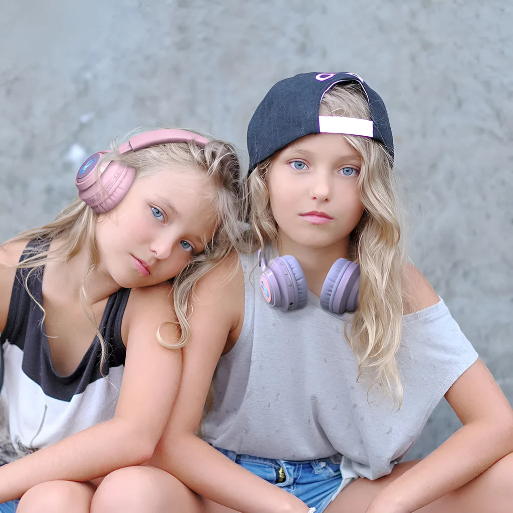 Wireless children's headphones with RGB lighting in bunny purple colour showing power display indicator