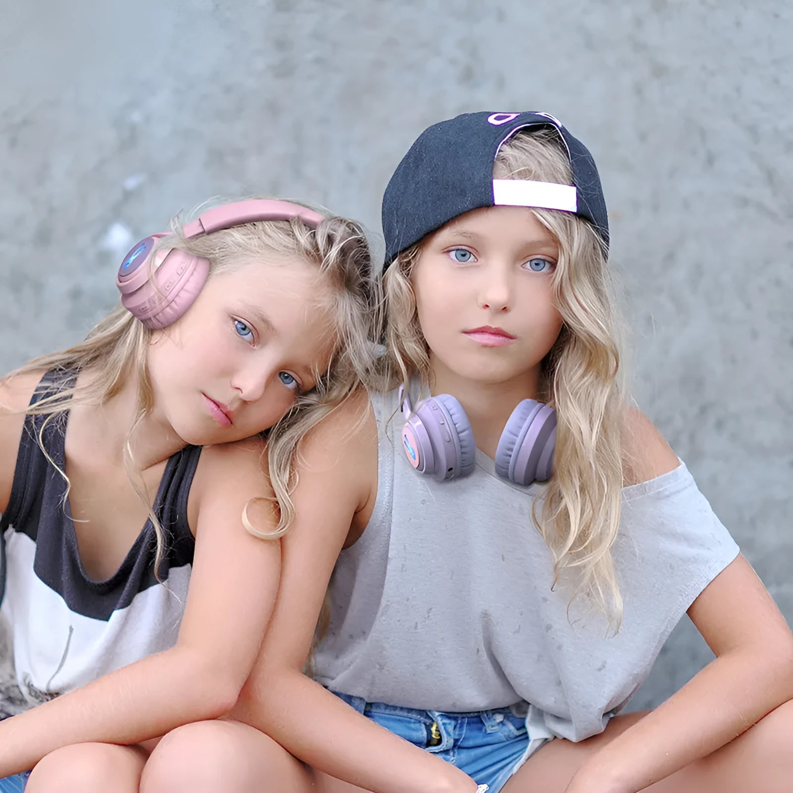 Wireless children's headphones with RGB lighting in bunny purple colour showing power display indicator
