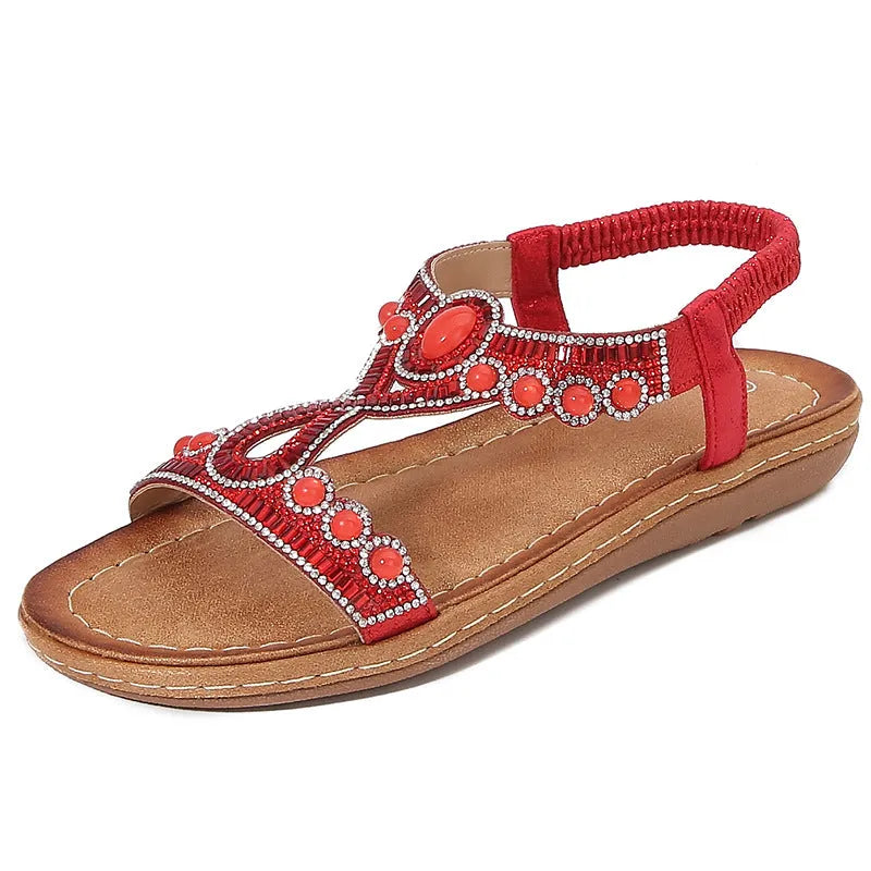Women's frosted bohemian sandals with rhinestone decoration, elastic band, and solid colour PU upper