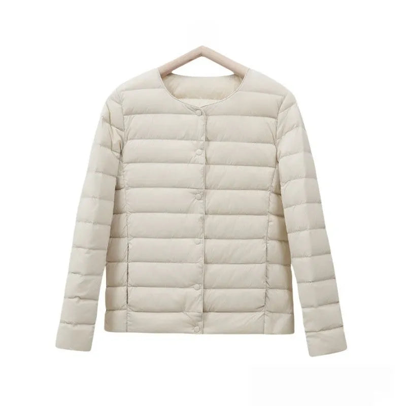 Short autumn winter lightweight cotton-padded jacket for women in beige loose fit long sleeve polyester