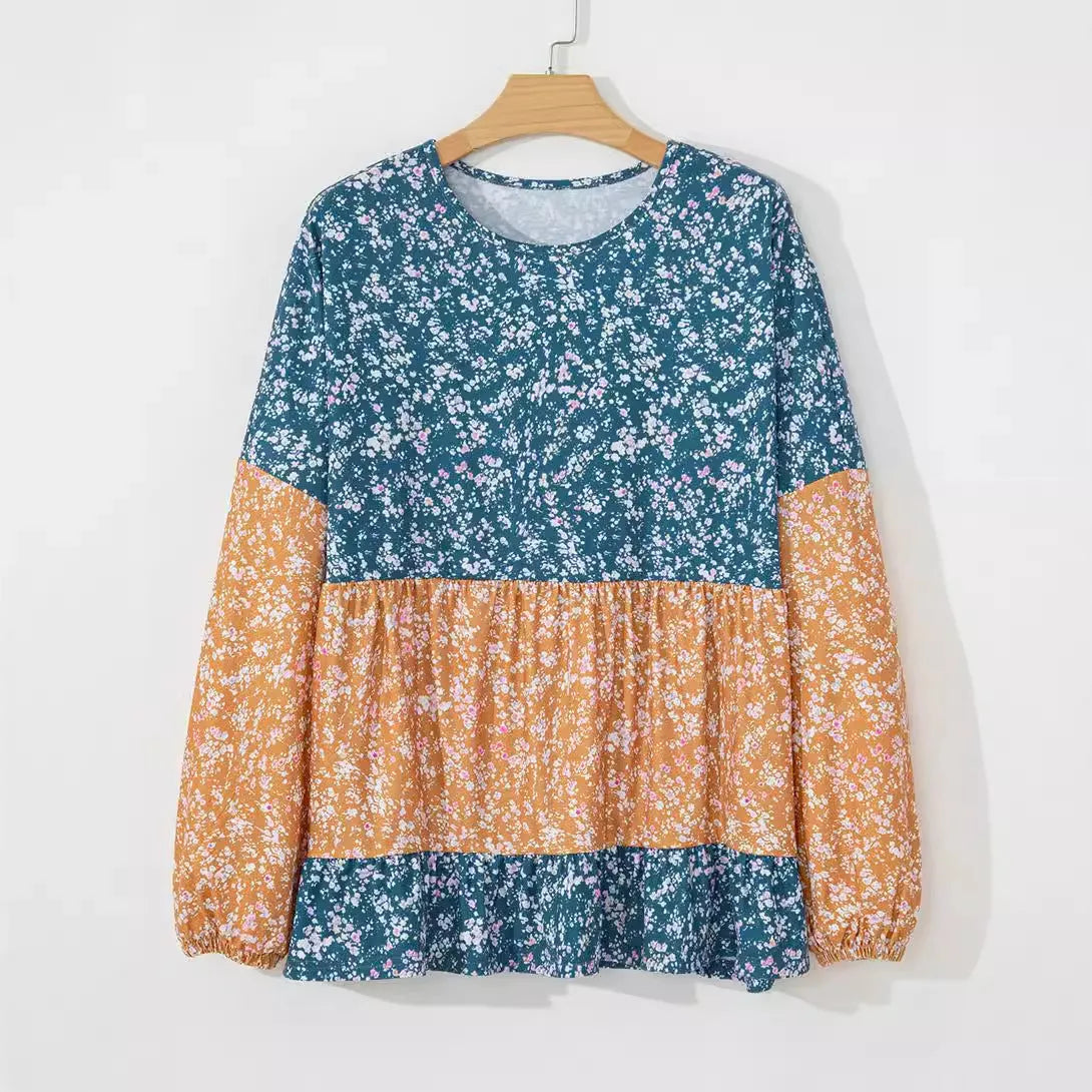 Women's digital printed floral chiffon shirt in orange with contrast colour, loose pullover style, round neck