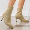 Fashion pointed toe stiletto ankle boots with knitted elastic fly-woven construction in beige colour