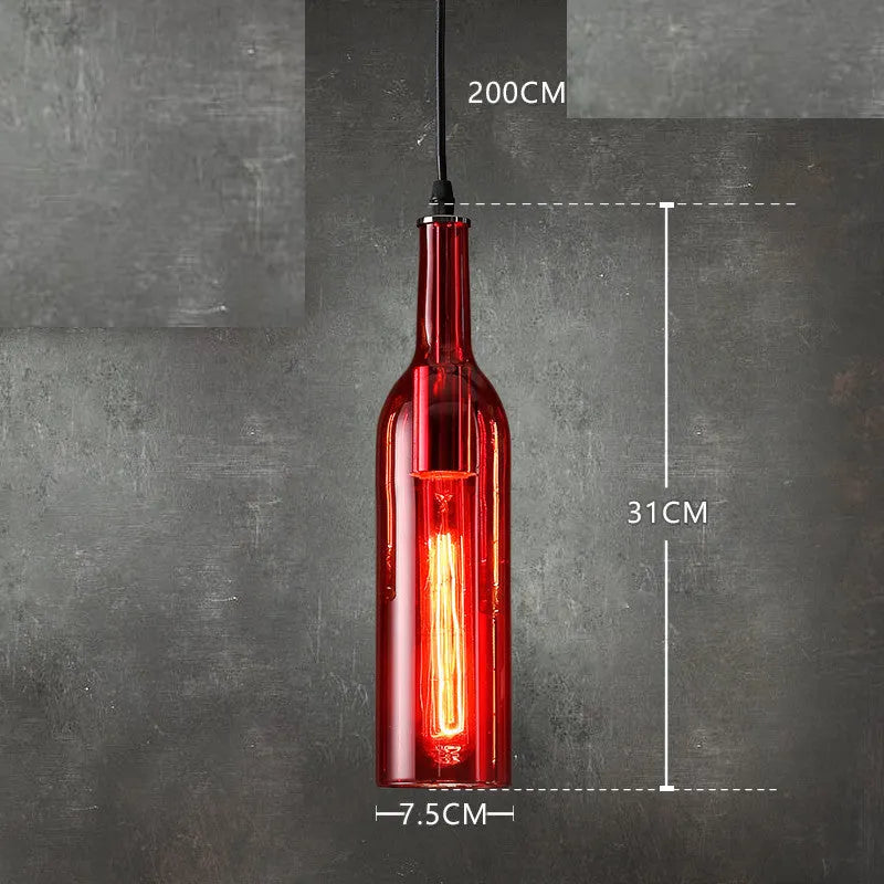 Nordic style wine bottle glass chandelier with five coloured shades in amber, metal ceiling plate, and 200cm drop line