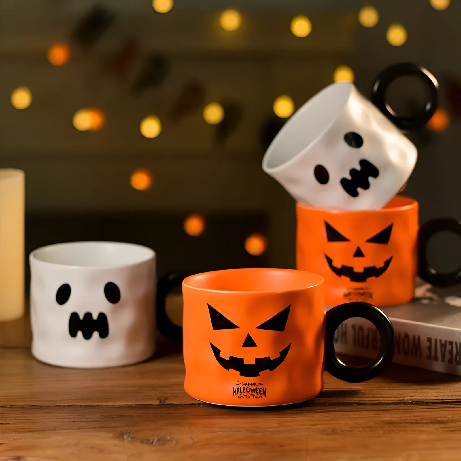 Halloween pumpkin ceramic mug with handle, spoon, and gift box in orange or white