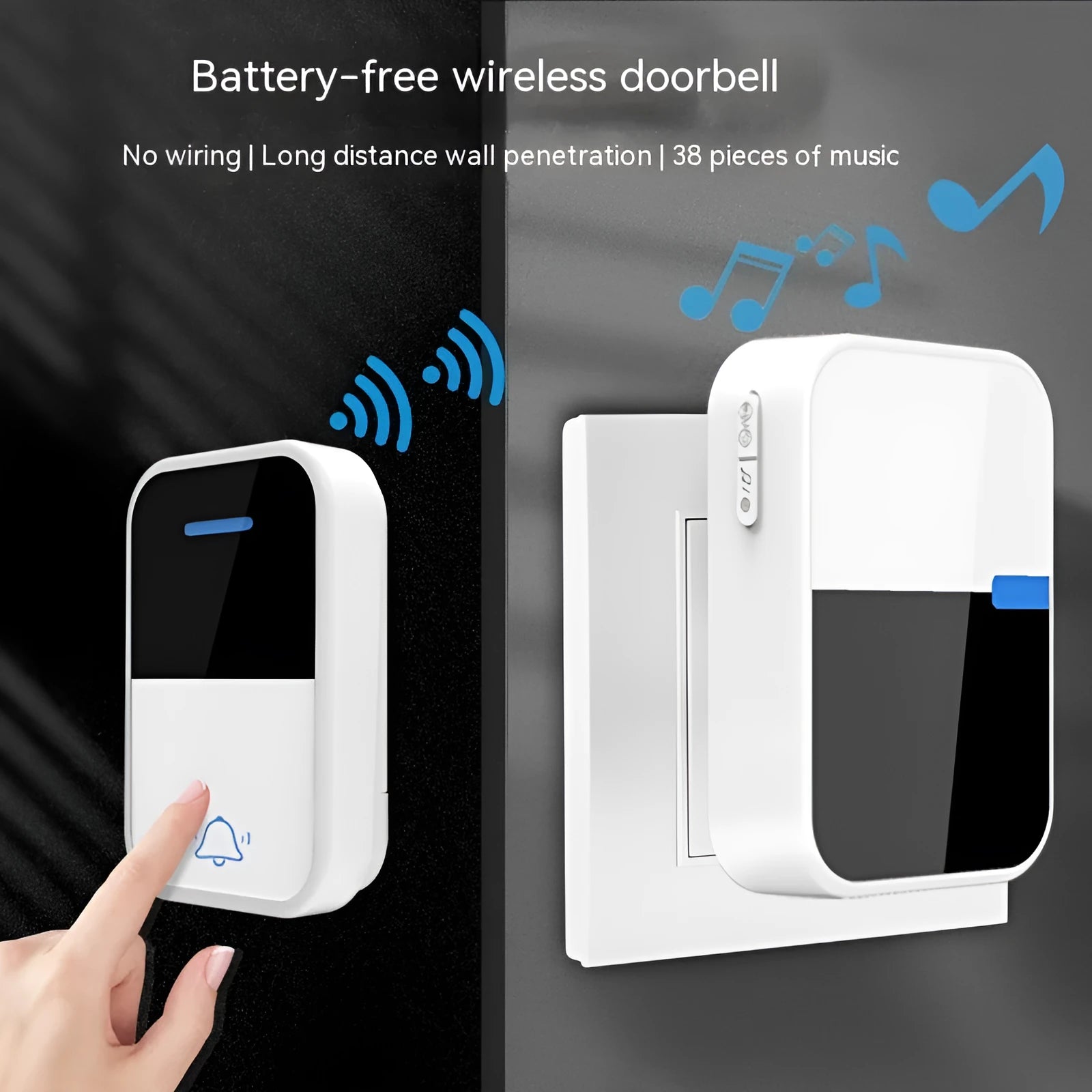Modern white plastic wireless doorbell receiver and self-generating button unit.