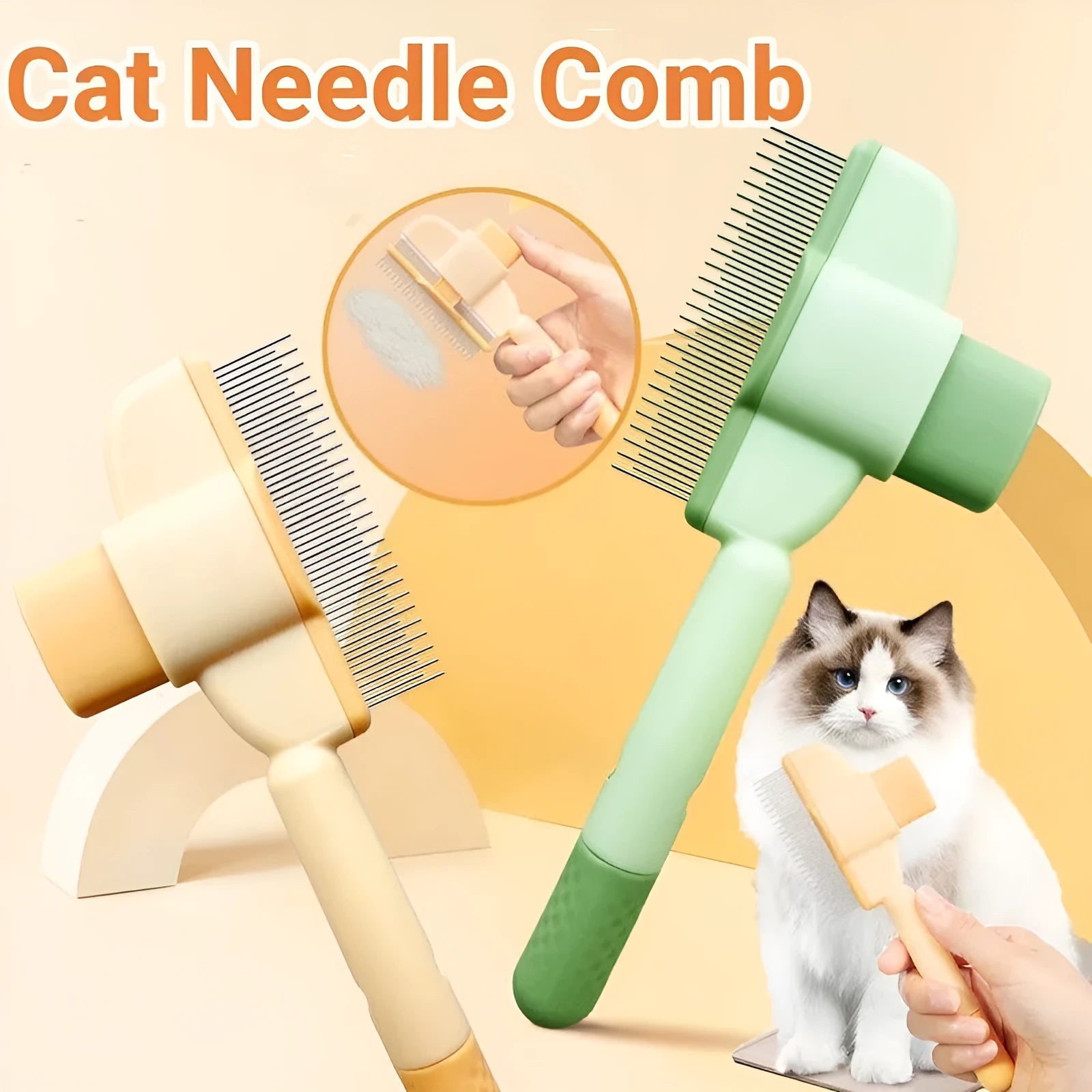 Green self-cleaning pet comb for dogs and cats with stainless steel teeth on a white background.