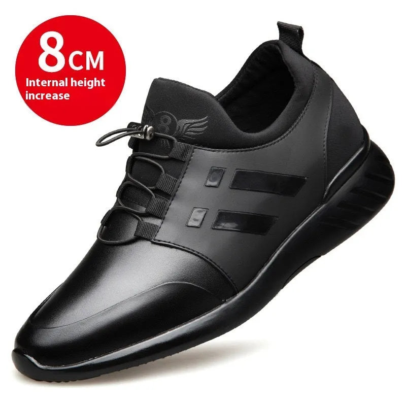 Men's black genuine leather height increase casual shoes with round toe and chunky heel.