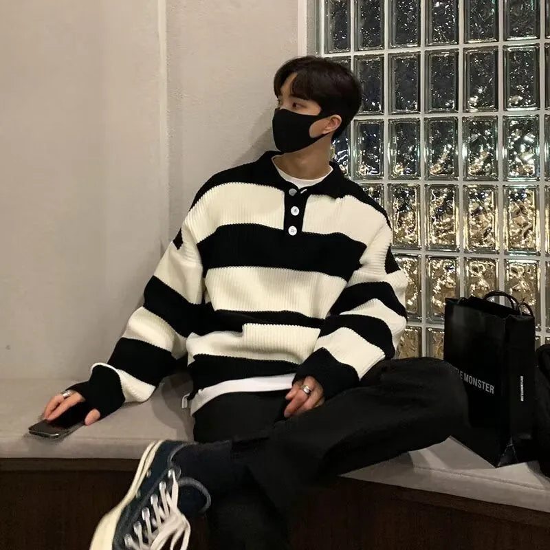 Men's loose fit striped pullover sweater coat in black or grey with long sleeves