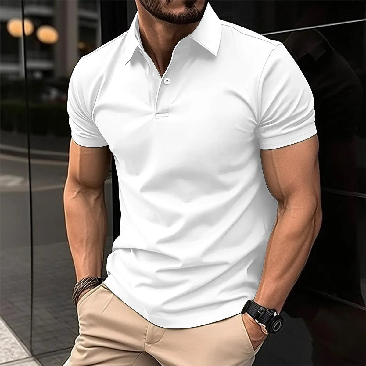 Men's short sleeve polo shirt with button lapel collar in a solid colour.