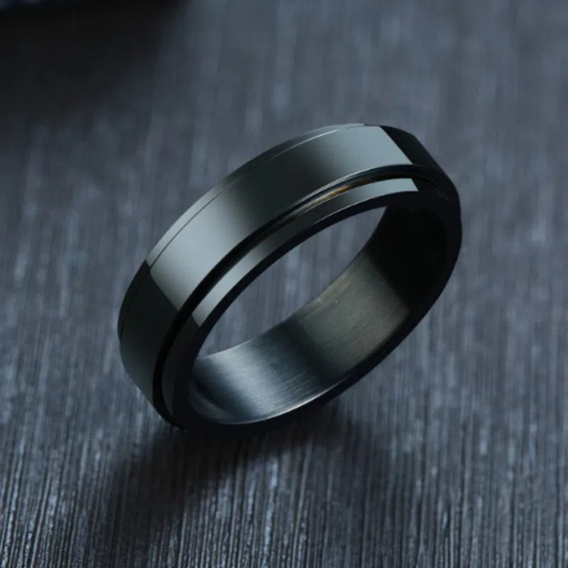 Rotatable stainless steel ring with electroplated finish, geometric Korean style, unisex fit, available in multiple colours and sizes.