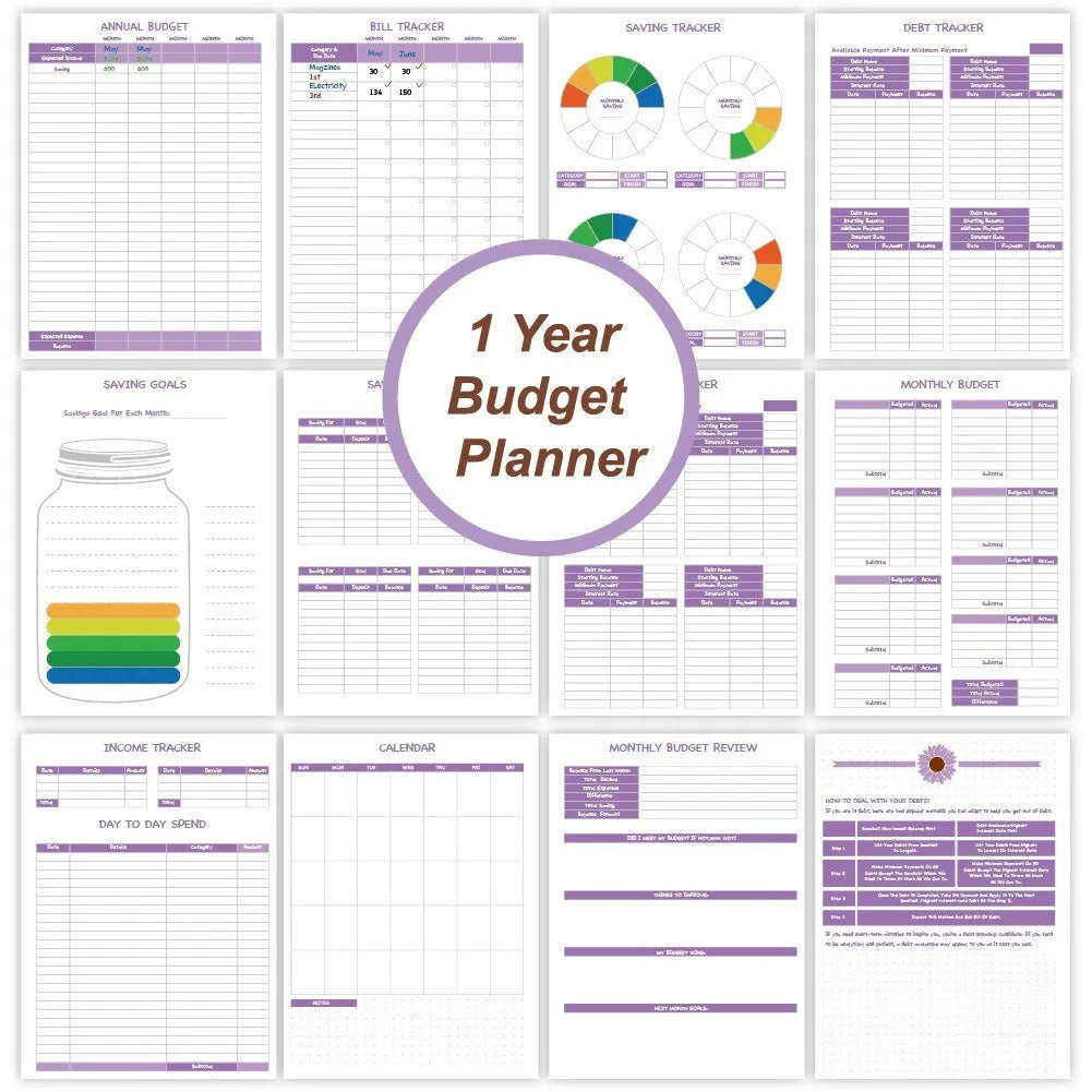 J12 purple coil-bound financial planning notebook with budget stickers and paper clips on Daolin paper pages