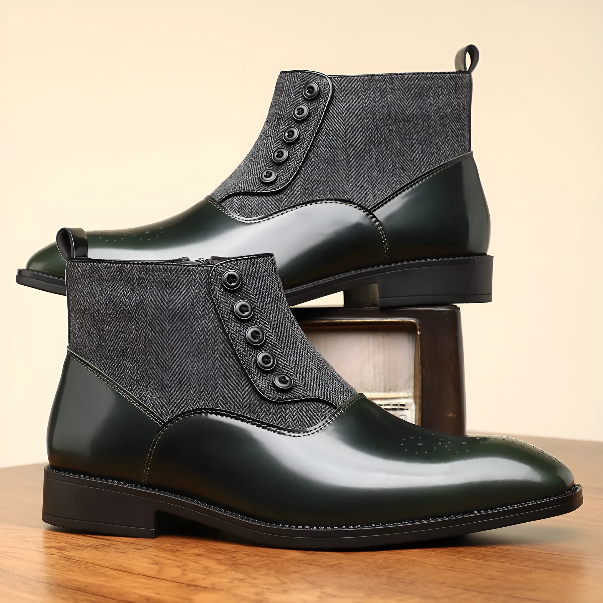 Men's brown retro formal business shoe with side zip, square toe, and low square heel on a rubber sole.