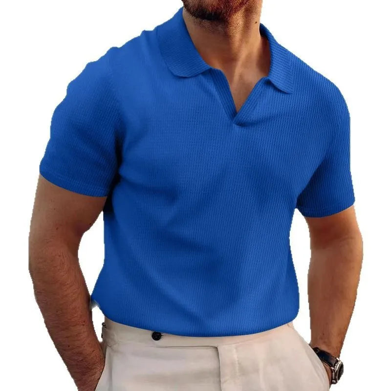 Men's black waffle fabric lapel t-shirt with short sleeves in slim fit