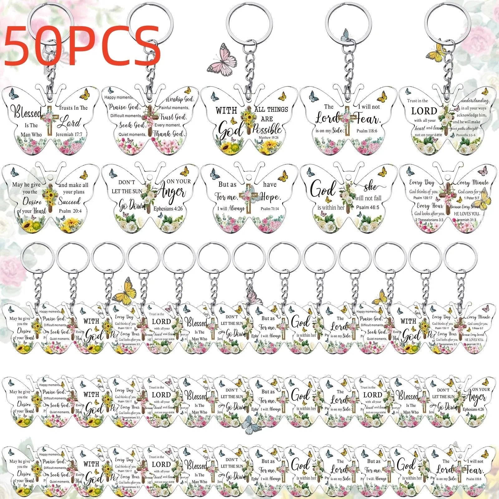 Set of acrylic key pendants with Easter, Halloween, and Christmas designs in clear high-transparency finish