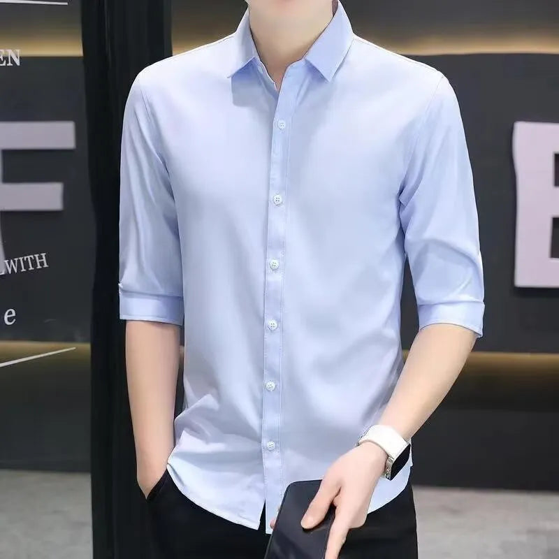 Men's slim-fit half-sleeve shirt in linen blend fabric shown in light blue colour.