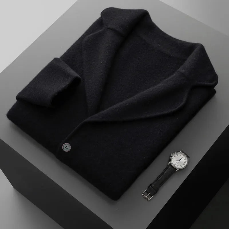 Men's loose fit cashmere cardigan jacket in light grey on a hanger