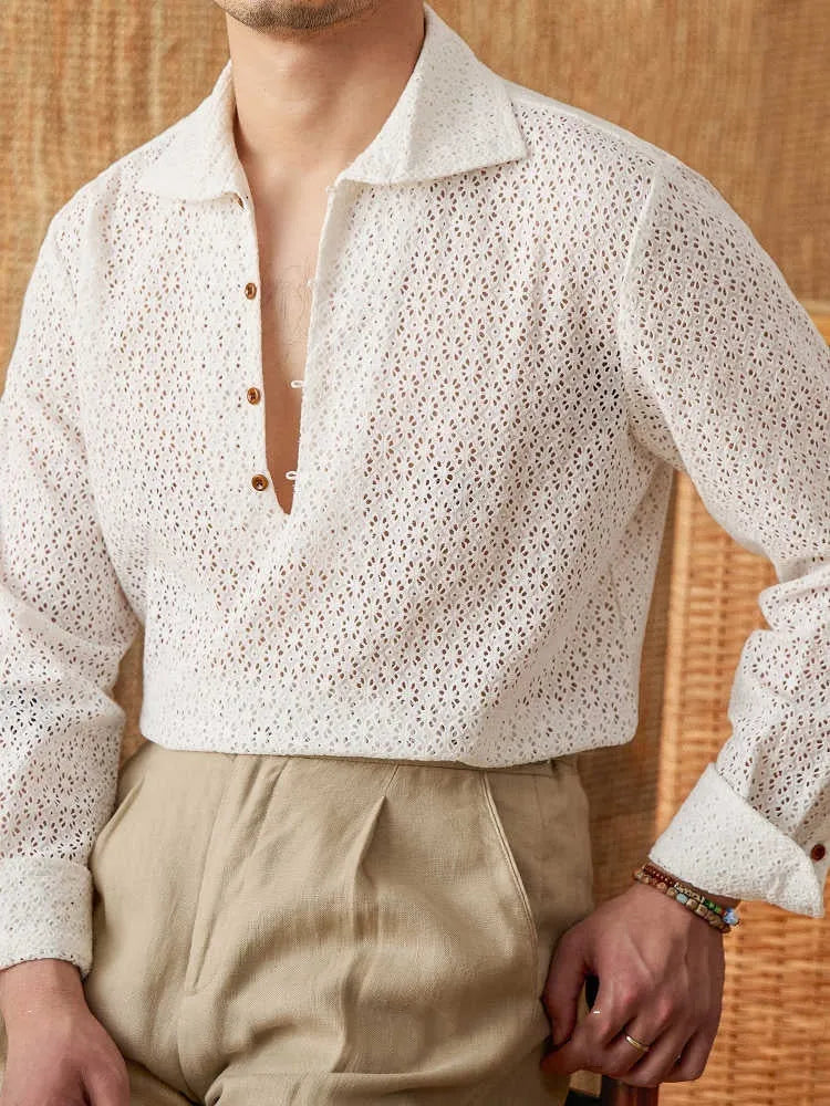 White open collar hollow breathable 100% cotton long-sleeved casual shirt for men