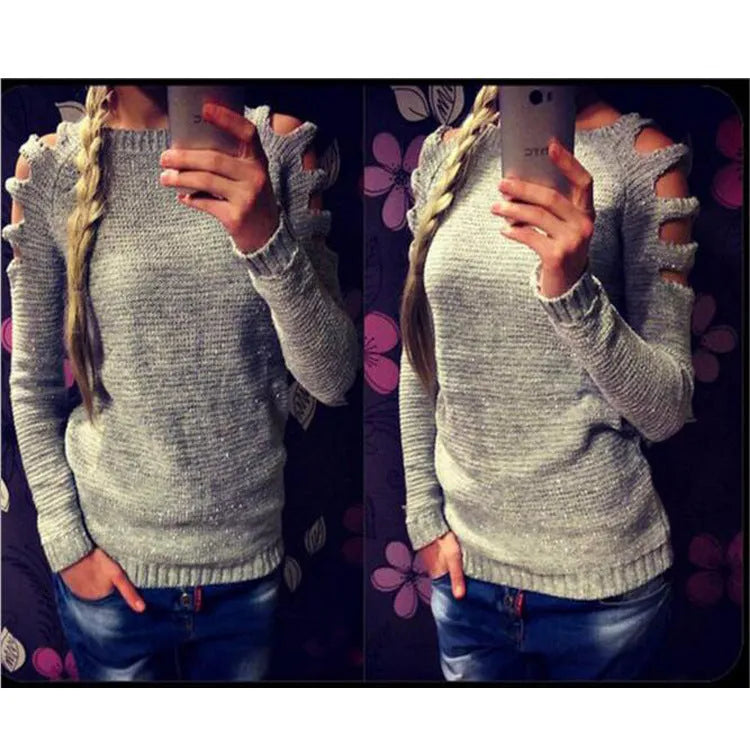Women's white hollow-out knitted bottoming shirt with round neck and long sleeves