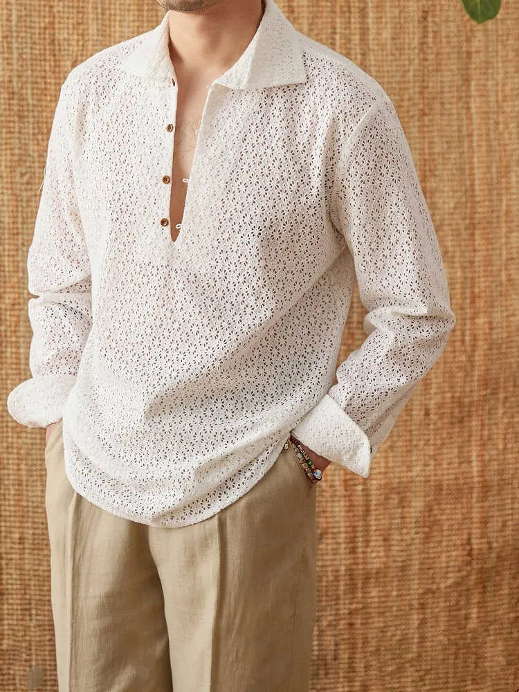 White open collar hollow breathable 100% cotton long-sleeved casual shirt for men