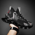 Cool men running sneakers with breathable mesh, anti-skid rubber sole, lace-up front, black colour, side view