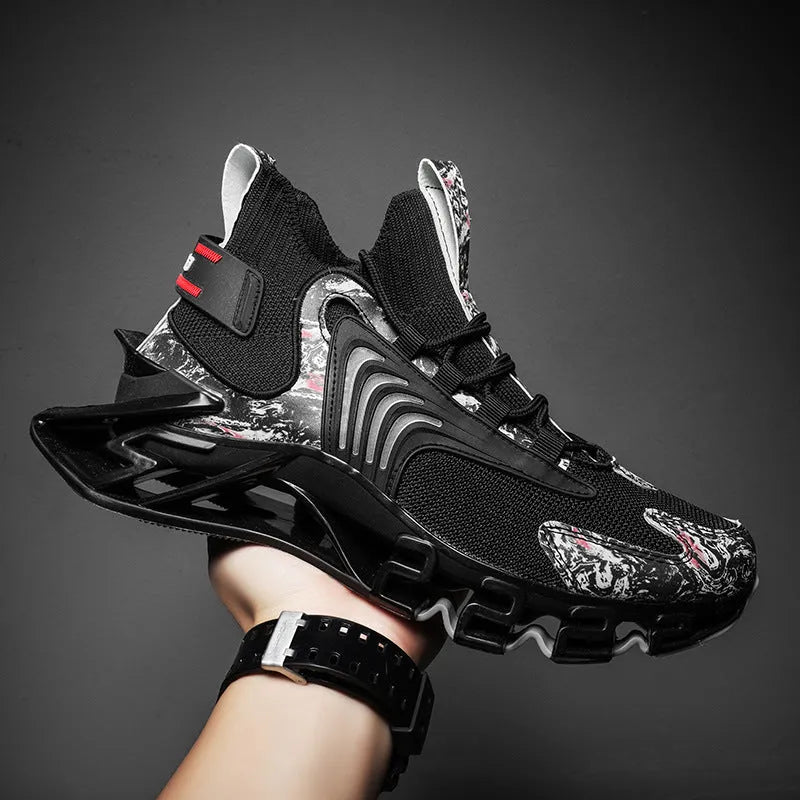 Cool men running sneakers with breathable mesh, anti-skid rubber sole, lace-up front, black colour, side view