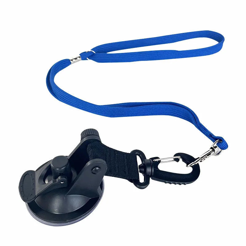 Pet bathing restraint with blue suction cups and traction rope for secure attachment during washing