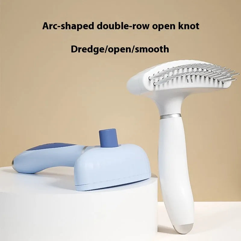 Stainless steel double row dog grooming comb in azure light blue on a white background.