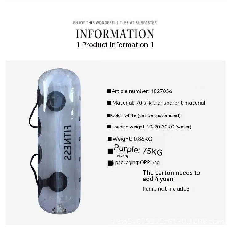 Clear PVC inflatable water bag for weight training, shown with water inside.