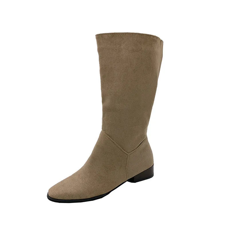 Women's pointed toe retro suede over-the-knee boots with low thick heel in black colour