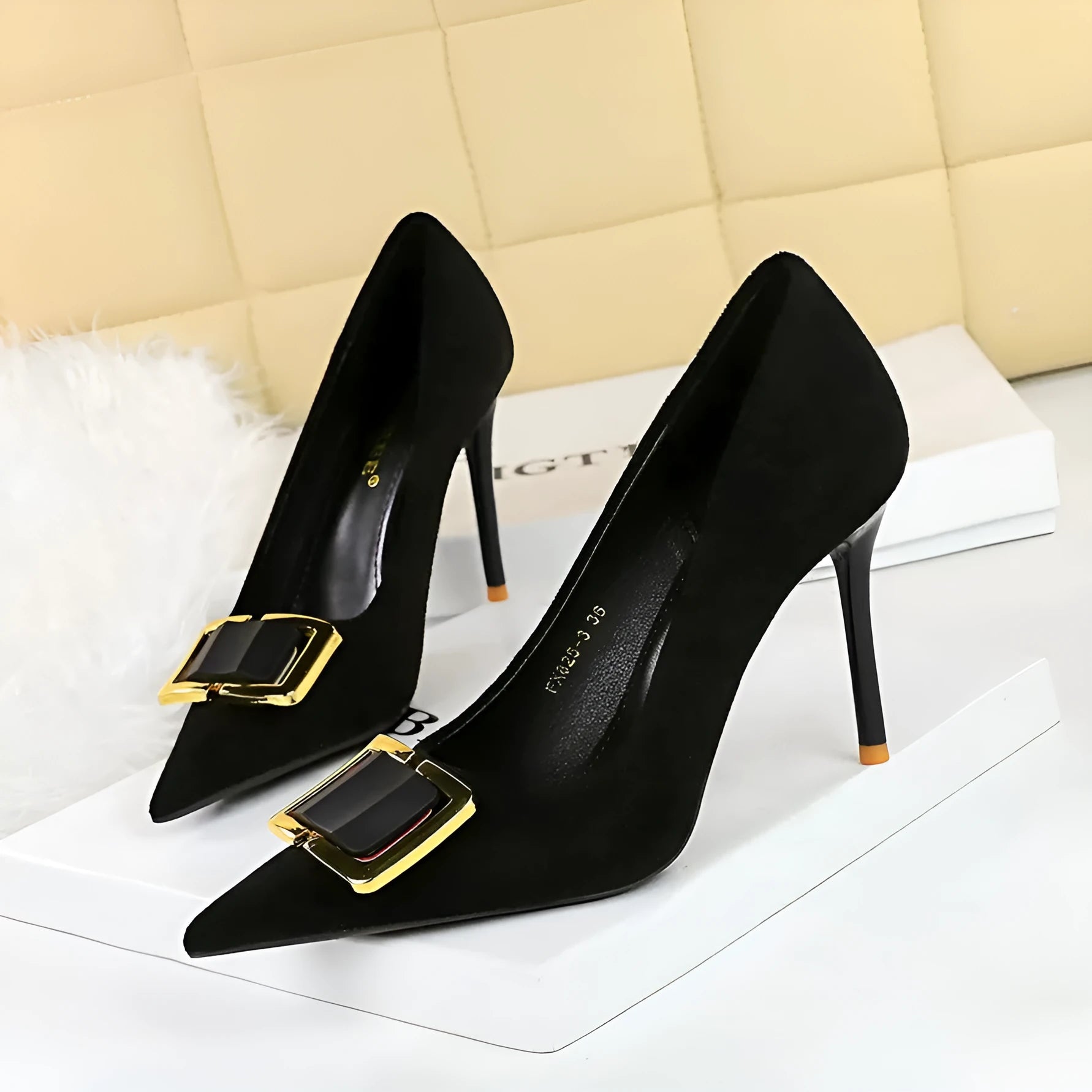 Black suede women's stiletto high heels with a 9cm heel and pointed toe.