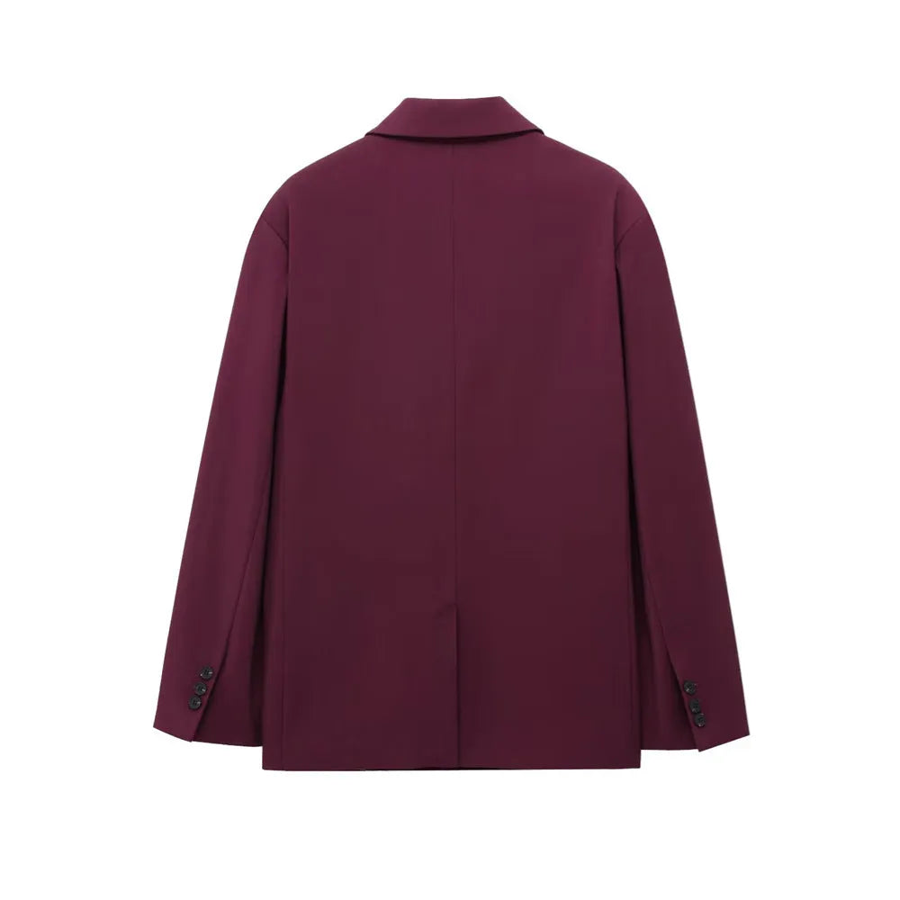Women's double breasted loose fit casual suit coat in solid polyester, brick red colour, regular sleeves