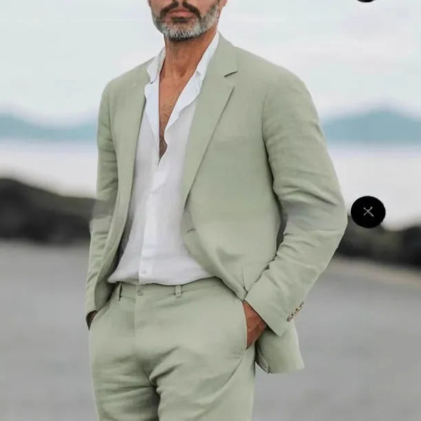 Men's beige linen blend two-piece suit with slim fit tailoring for light business wear