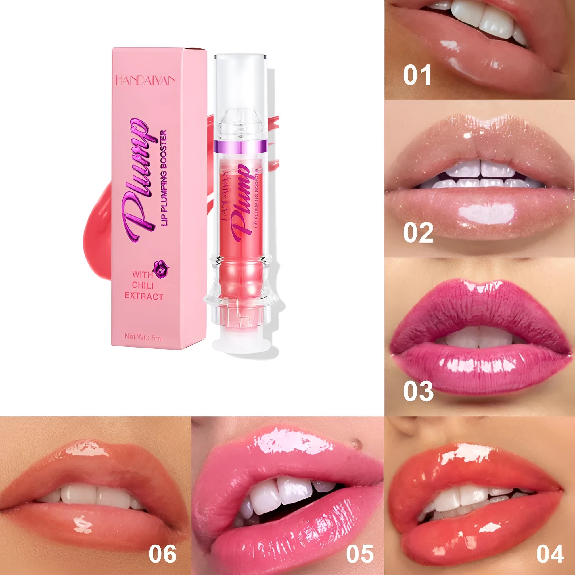Tube of lip gloss showing shiny finish, available in six different colour shades.