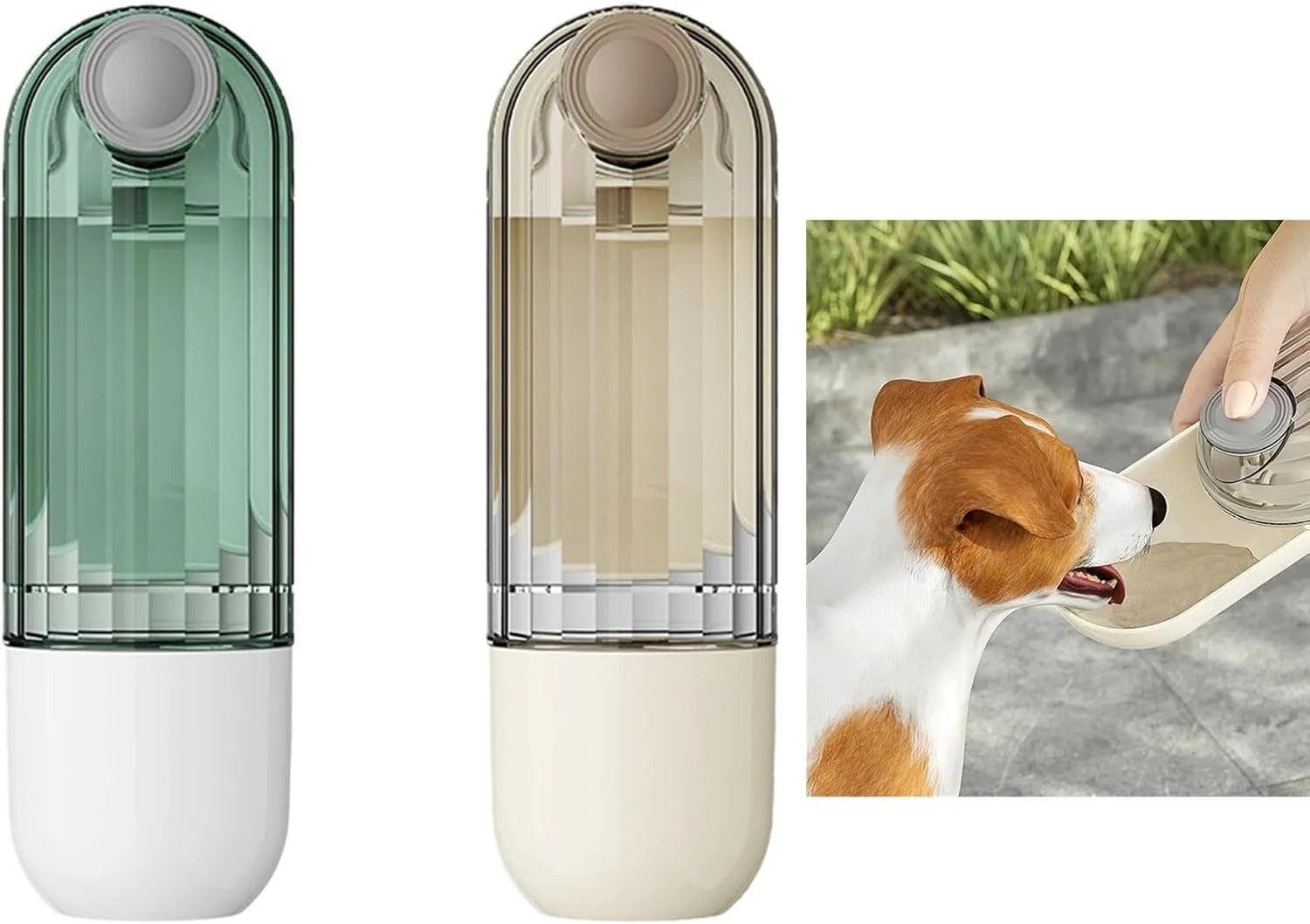 Foldable dog water bottle with food container in beige colour for walking and hiking with pets