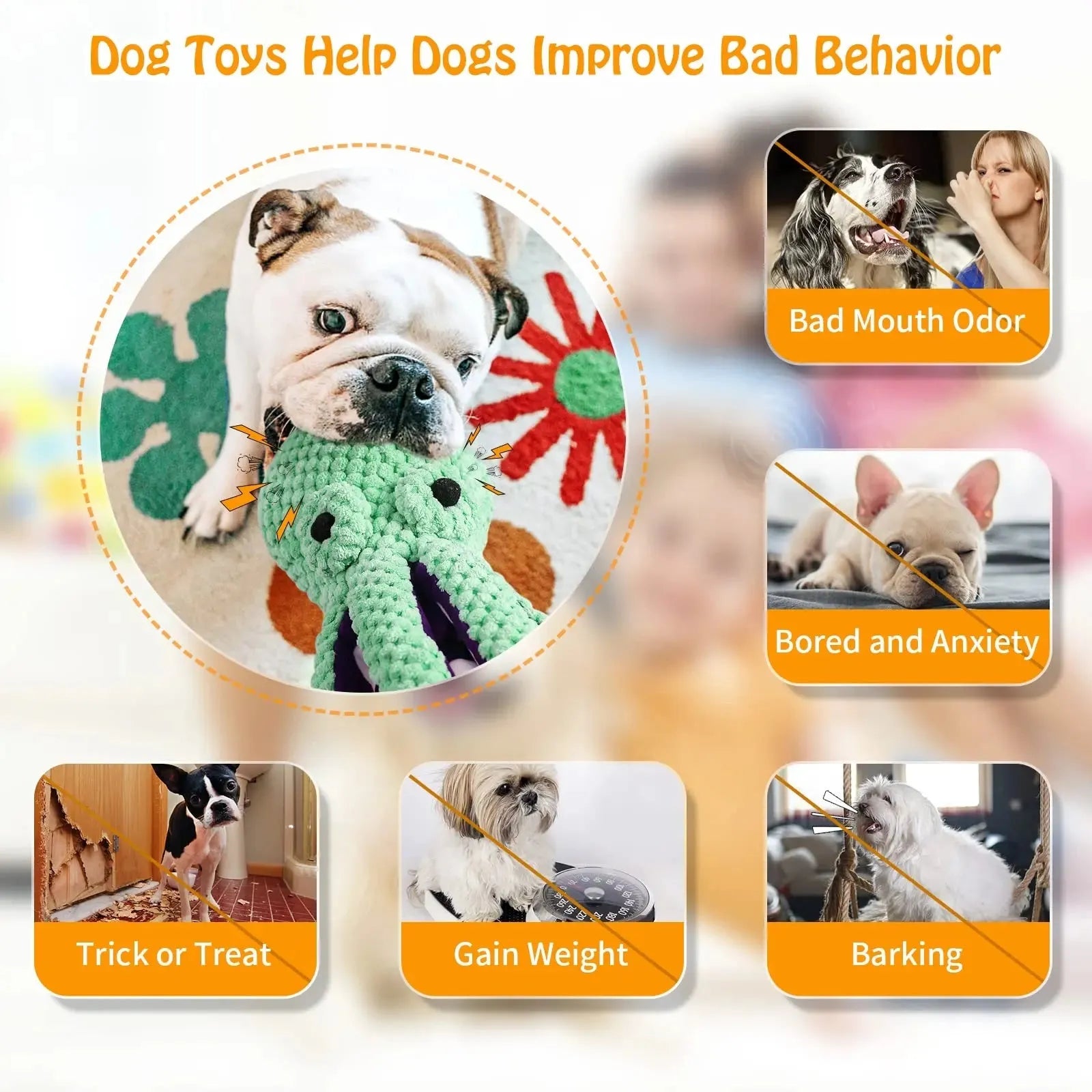Blue plush octopus dog chew toy with six legs and squeaker for interactive play