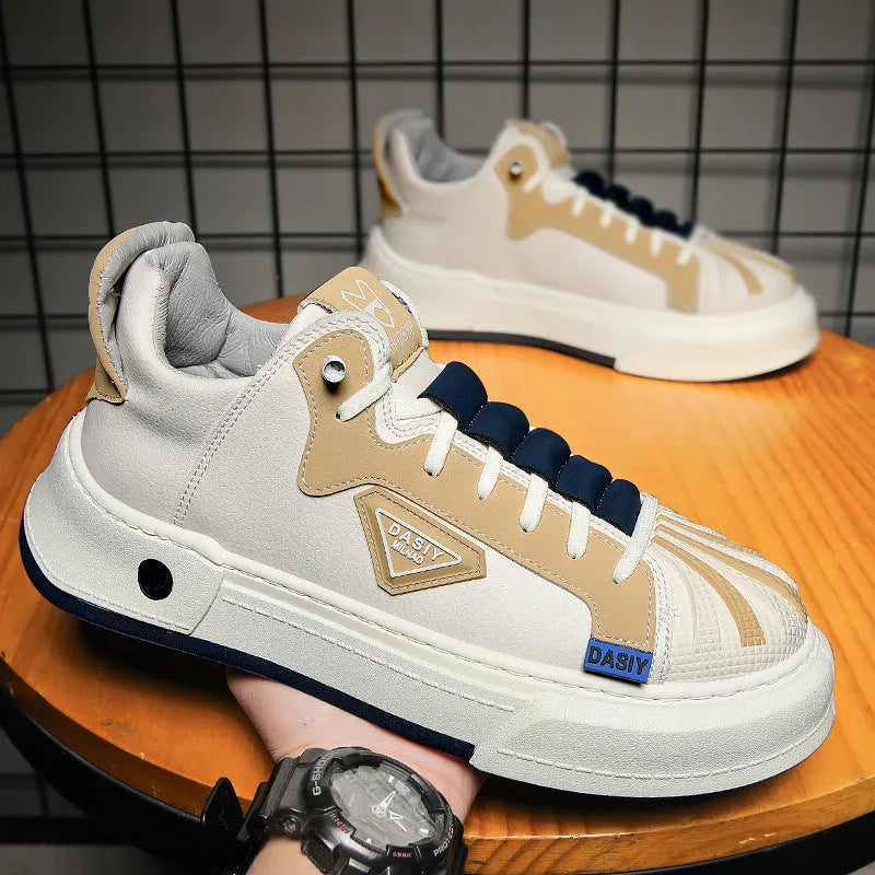 Men's beige and black casual sneakers with mesh lining and elastic band closure