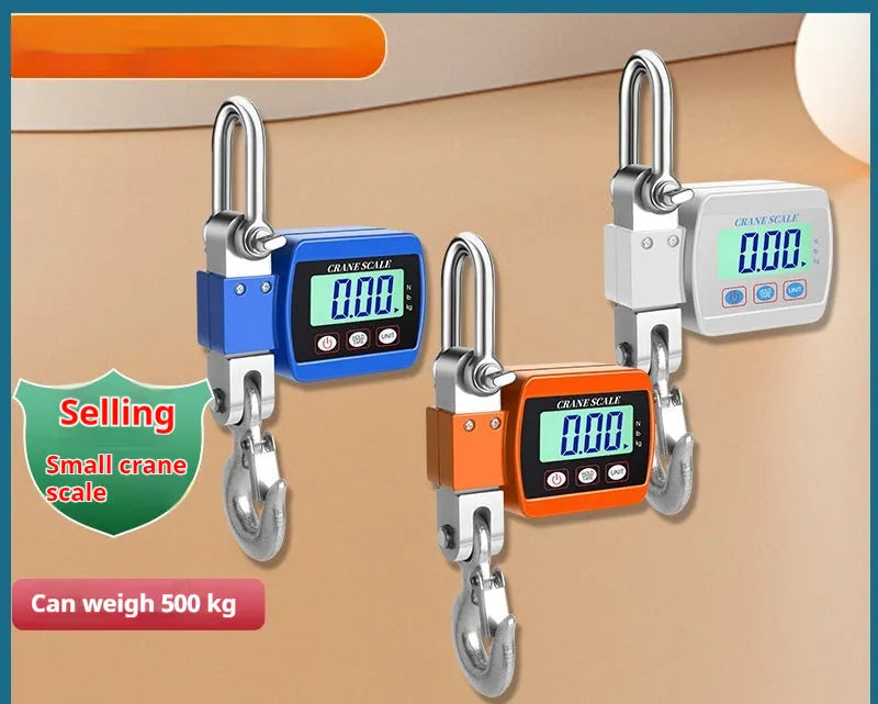 Electronic digital hook scale in orange, blue, or white showing digital display and metal hook.