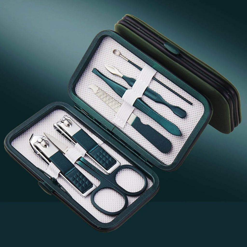 Emerald green nail clippers set in storage case with stainless steel and carbon steel manicure and pedicure tools