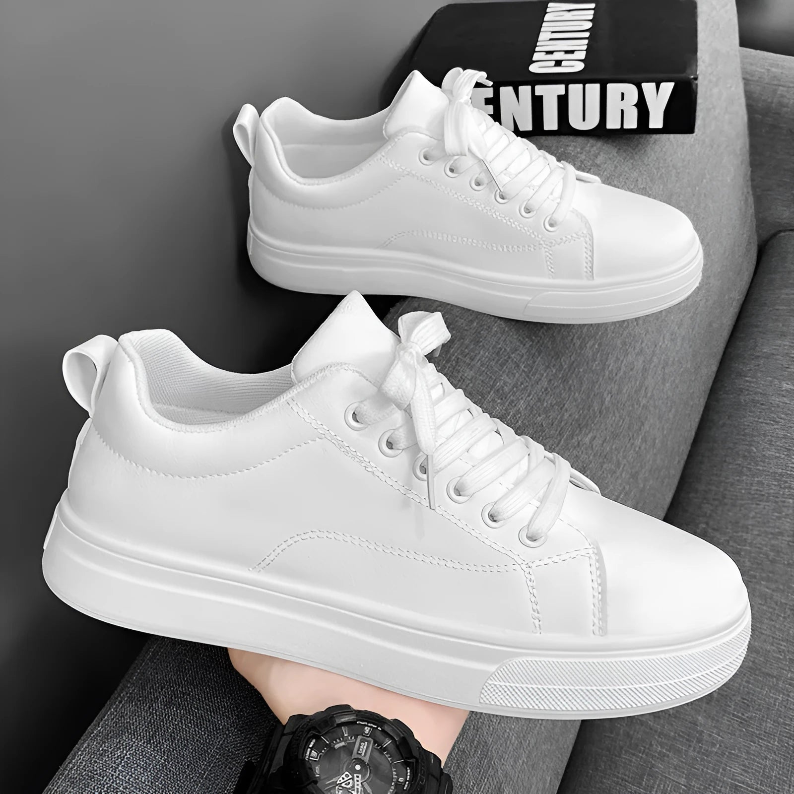 Men's low-top casual sneakers in white, black, and black with white bottom colour options.