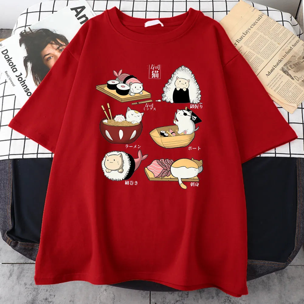 Men's black cotton T-shirt with white cat sushi cartoon design on chest, short sleeves, loose fit
