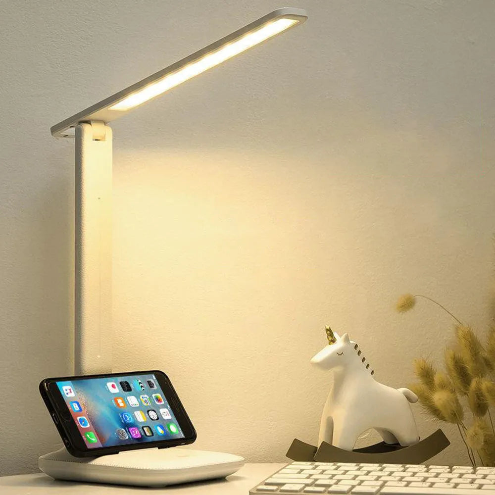 White USB rechargeable bedside lamp with touch dimming controls for children's bedroom