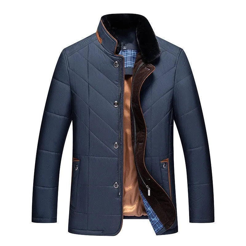 Men's dark blue short winter padded coat with side pockets on a mannequin