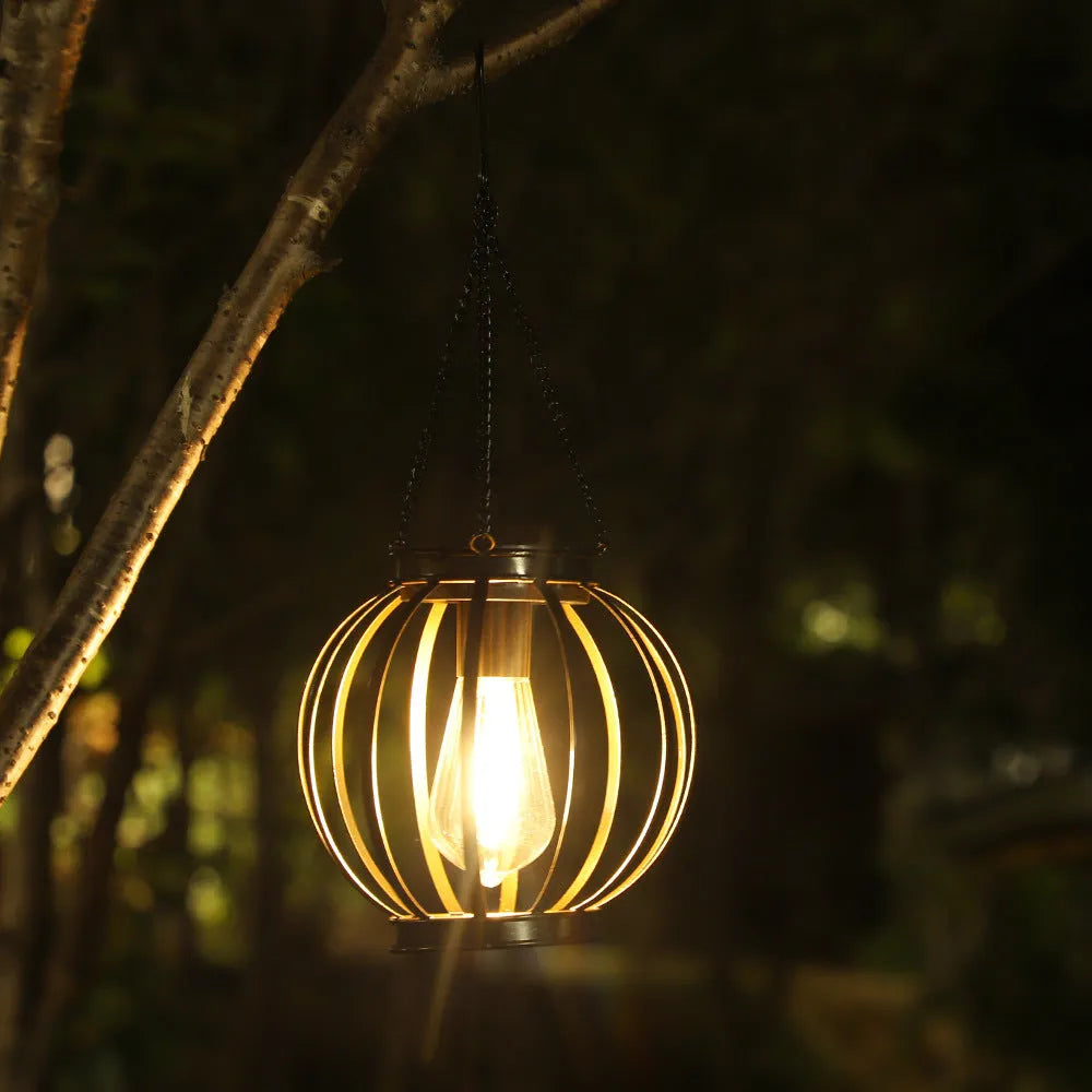 Outdoor garden courtyard hollow-out iron lantern lamp with super bright light, cylindrical or round flat iron design