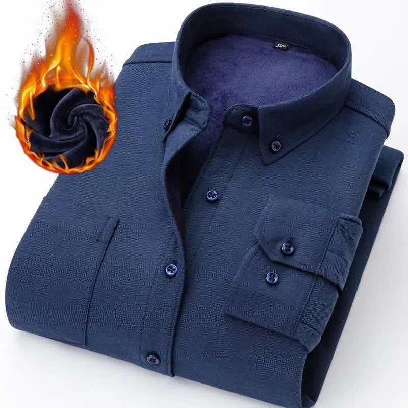 Oxford flannel long-sleeve casual brushed fleece-lined thick warm shirt for men in navy blue