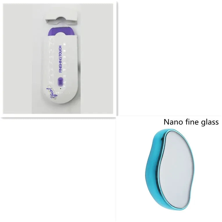 Black rechargeable electric hair remover with Sensa-Light head, trimmer head, foil head, USB cable and cleaning brush.