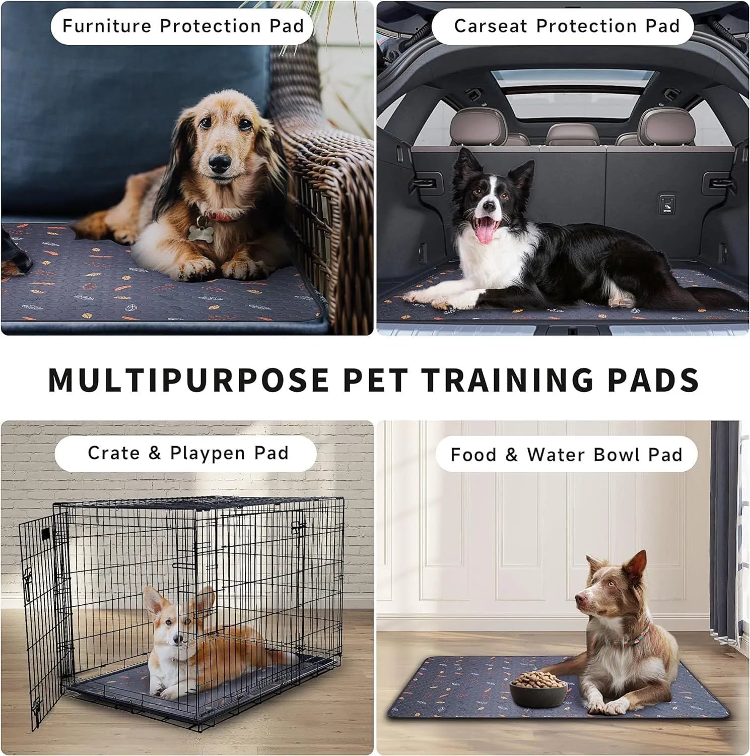 Reusable cloth dog training pad in dark gray leaves pattern, absorbent and non-slip, 100x155cm size