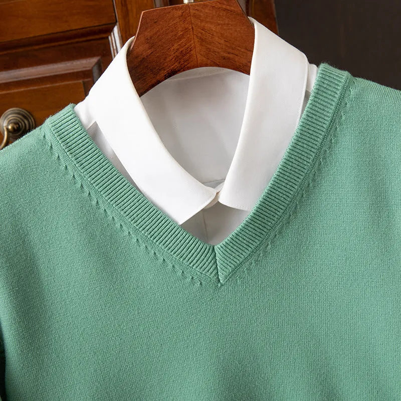 Men's V-neck knitted pullover sweater in grey, made from viscose blend fabric, with ribbed hem